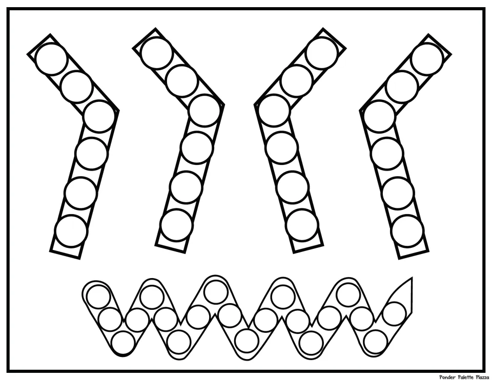 Dot marker practice sheet 4: circular targets follow four upright bent paths and one tightly wavy path.