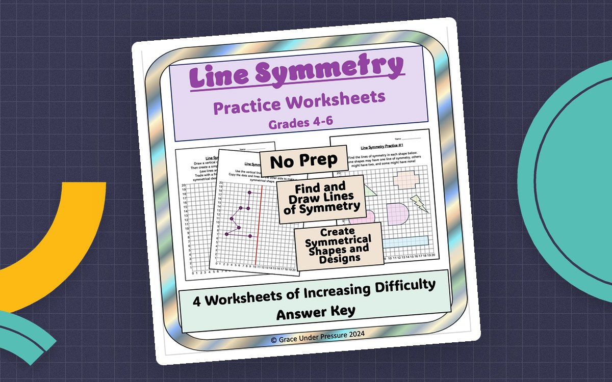 Line Symmetry practice cover with polygon grids and four worksheet previews.