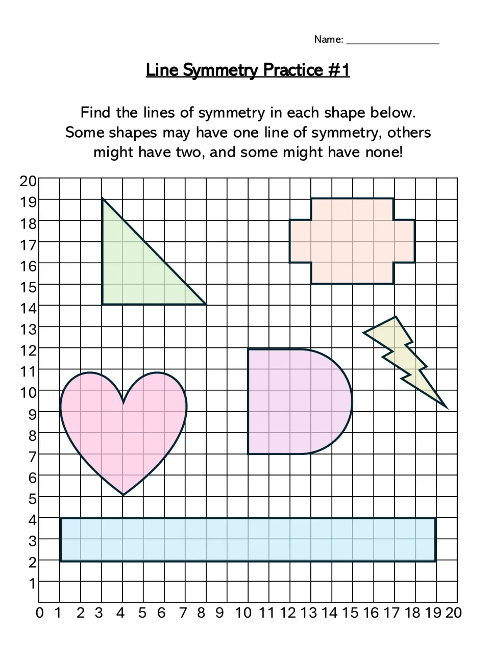 Line Symmetry Practice #1: students draw lines of symmetry on six shapes, including a heart, triangle and lightning bolt