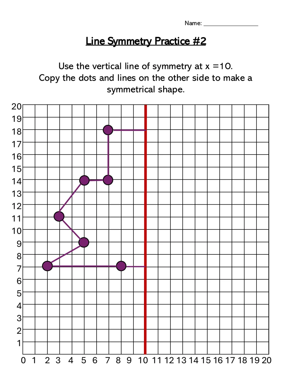 Line Symmetry Practice #2: students reflect a half shape of dots and lines across the vertical line x = 10 to complete it