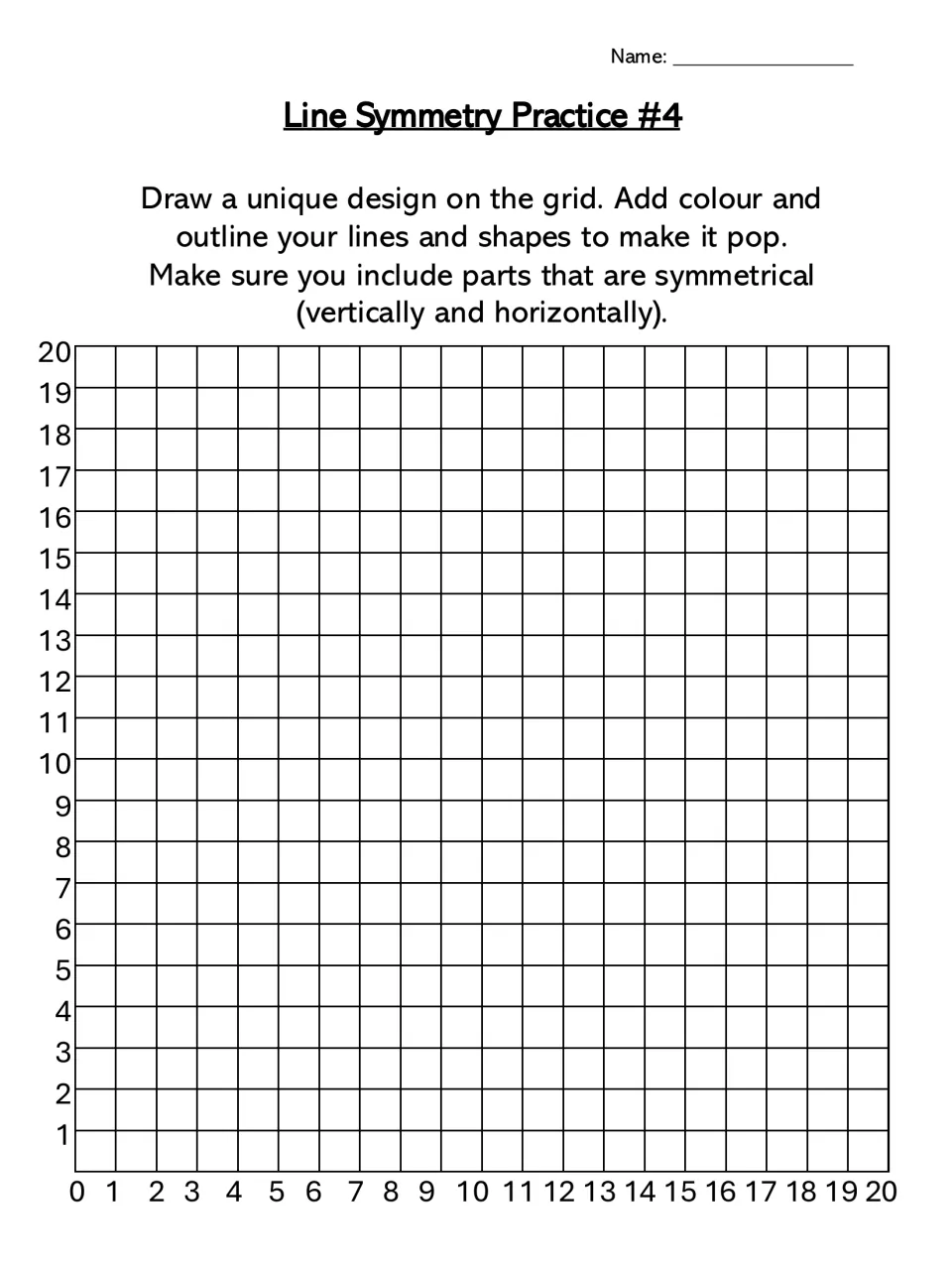Line Symmetry Practice #4: students draw and colour an original design with vertically and horizontally symmetric parts
