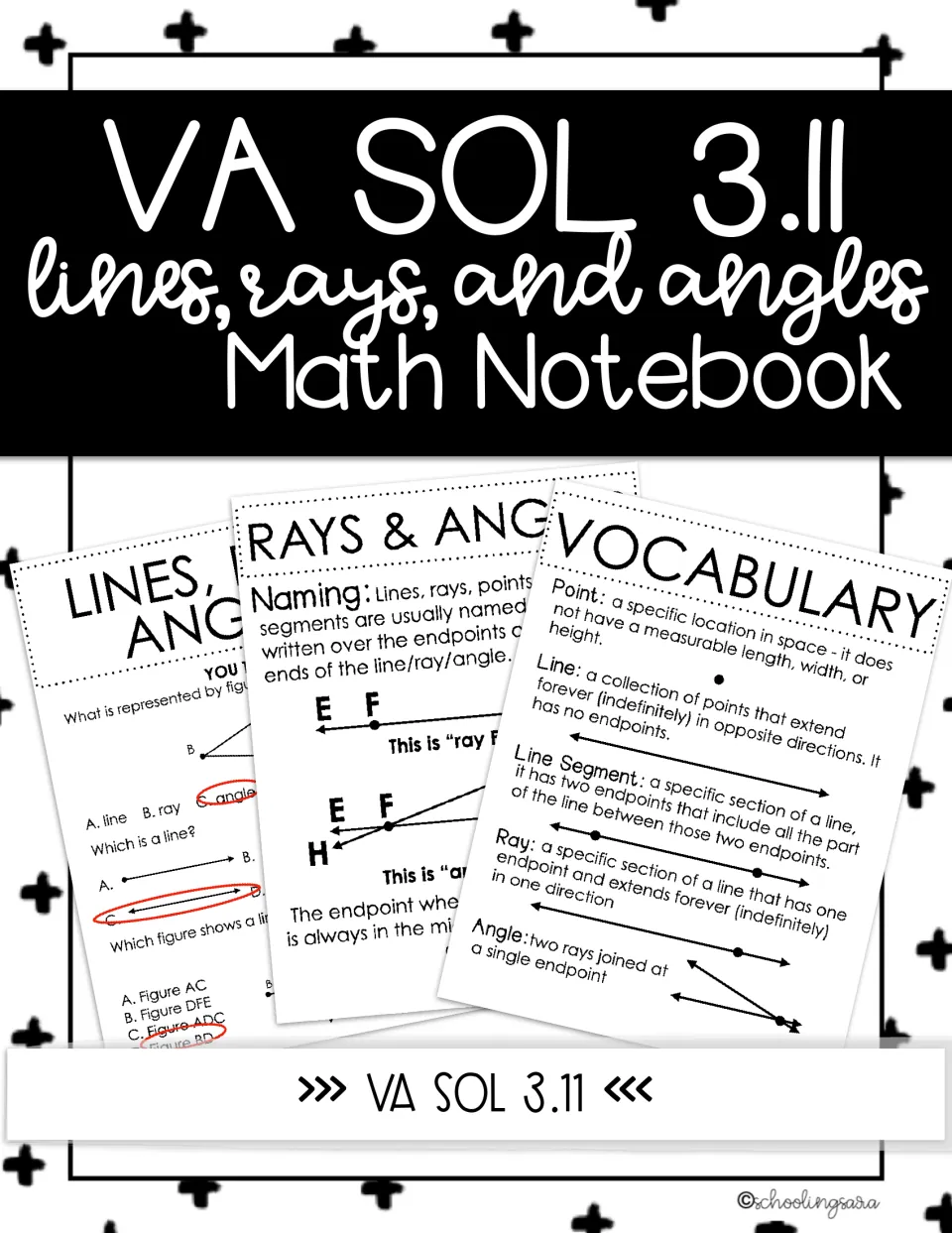 VA SOL 3.11 lines, rays and angles math notebook cover showing vocabulary, naming notes and a You Try question sheet