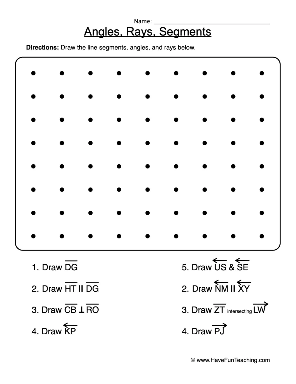 Angles, Rays, Segments: students draw named segments and rays on dot paper, including parallel and perpendicular pairs