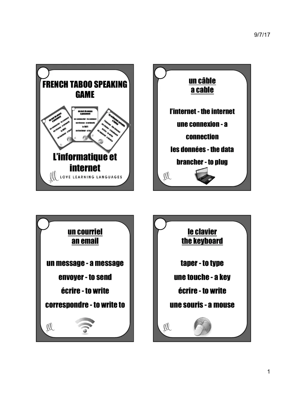 Title card 'French Taboo Speaking Game' and cards 1–3: un câble (a cable), un courriel (an email), le clavier