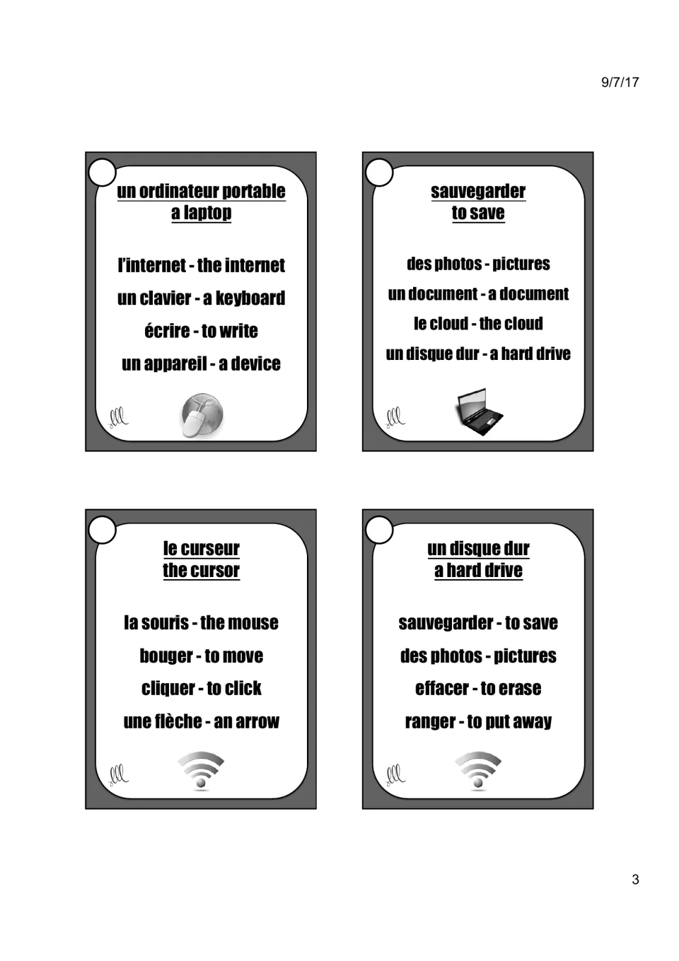 Taboo cards 8–11: un ordinateur portable (a laptop), sauvegarder (to save), le curseur (the cursor), un disque dur