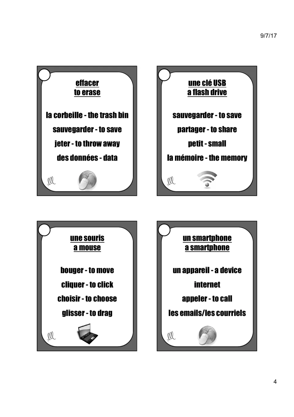 Taboo cards 12–15: effacer (to erase), une clé USB (a flash drive), une souris (a mouse), un smartphone