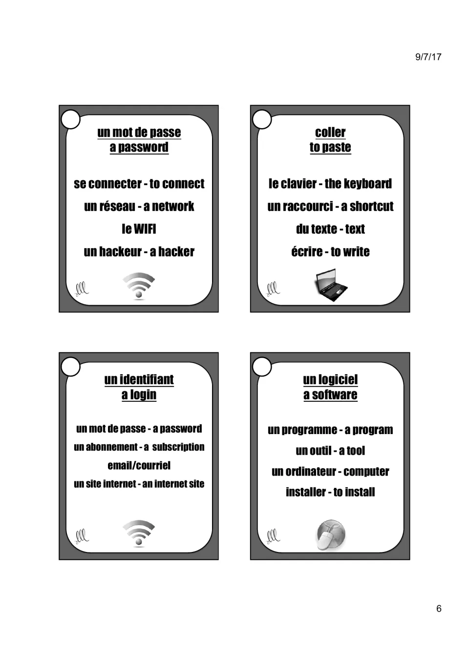 Taboo cards 20–23: un mot de passe (a password), coller (to paste), un identifiant (a login), un logiciel