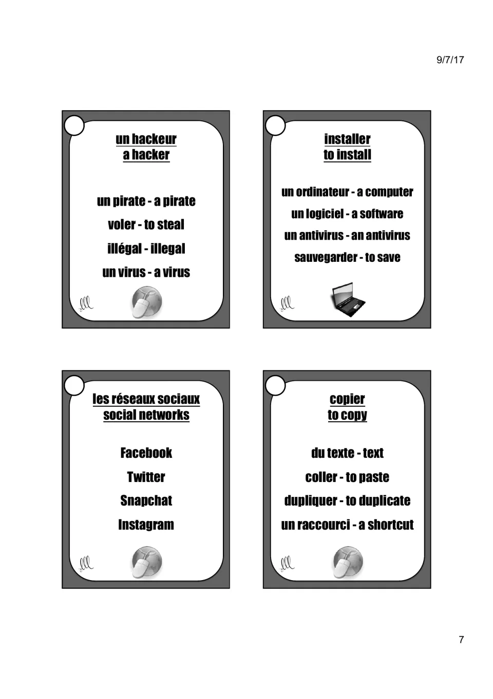 Taboo cards 24–27: un hackeur (a hacker), installer (to install), les réseaux sociaux (social networks), copier