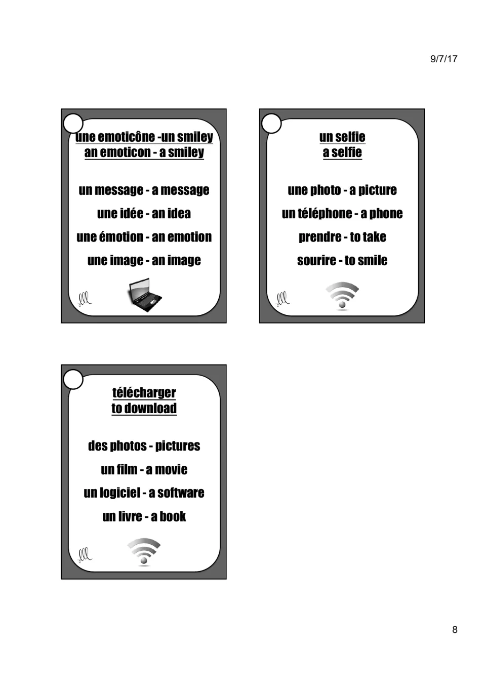 Final Taboo cards 28–30: une emoticône (an emoticon), un selfie (a selfie), télécharger (to download)