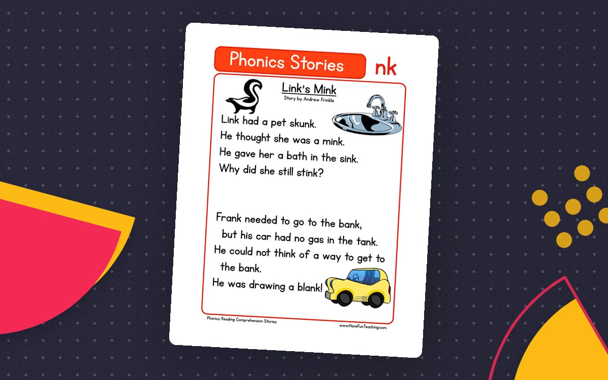 Link's Mink phonics page with two illustrated nk stories about a skunk and a car at the bank