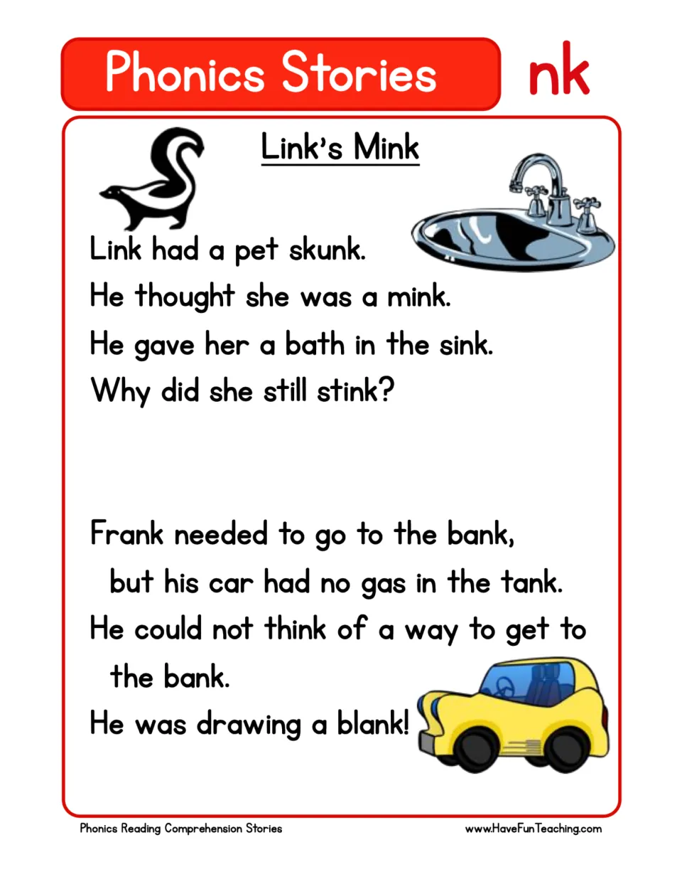 NK phonics story: students read two short rhymes about a pet skunk in a sink and Frank's empty gas tank with nk words