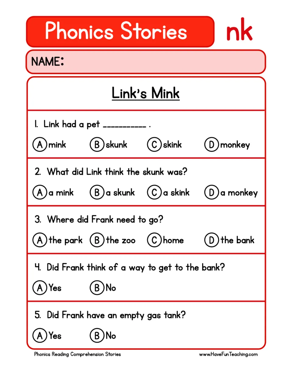 Link's Mink comprehension quiz: students answer 5 multiple-choice questions about the skunk and Frank's trip to the bank