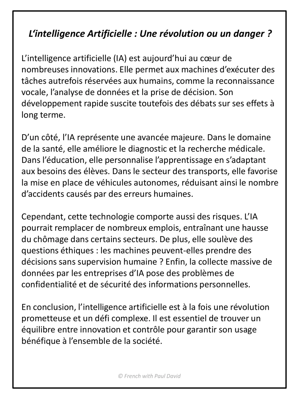 French reading text on AI as révolution ou danger: benefits in health, education, transport weighed against risks to jobs