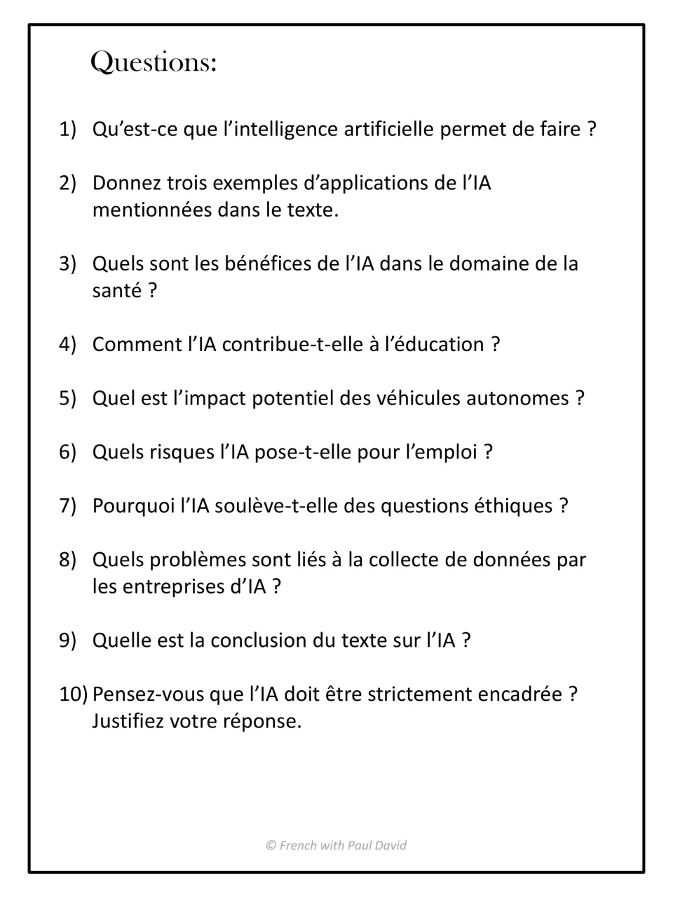 French comprehension questions on the AI text: students answer 10 questions, ending with an opinion on regulating AI