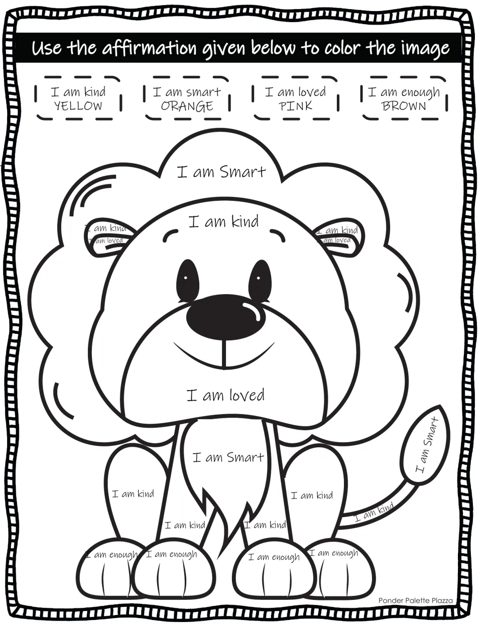 Lion affirmation coloring activity: I am kind = yellow, I am smart = orange, I am loved = pink, and one more