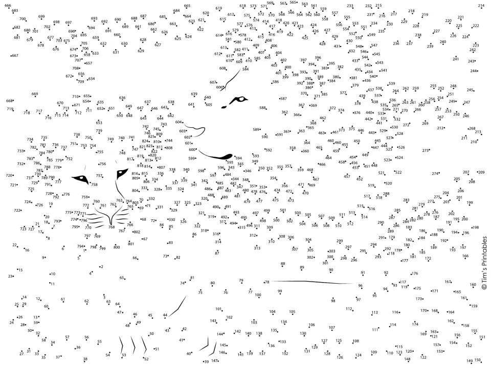 Lion and lioness dot-to-dot activity with 825 numbered dots to connect to complete both animals.