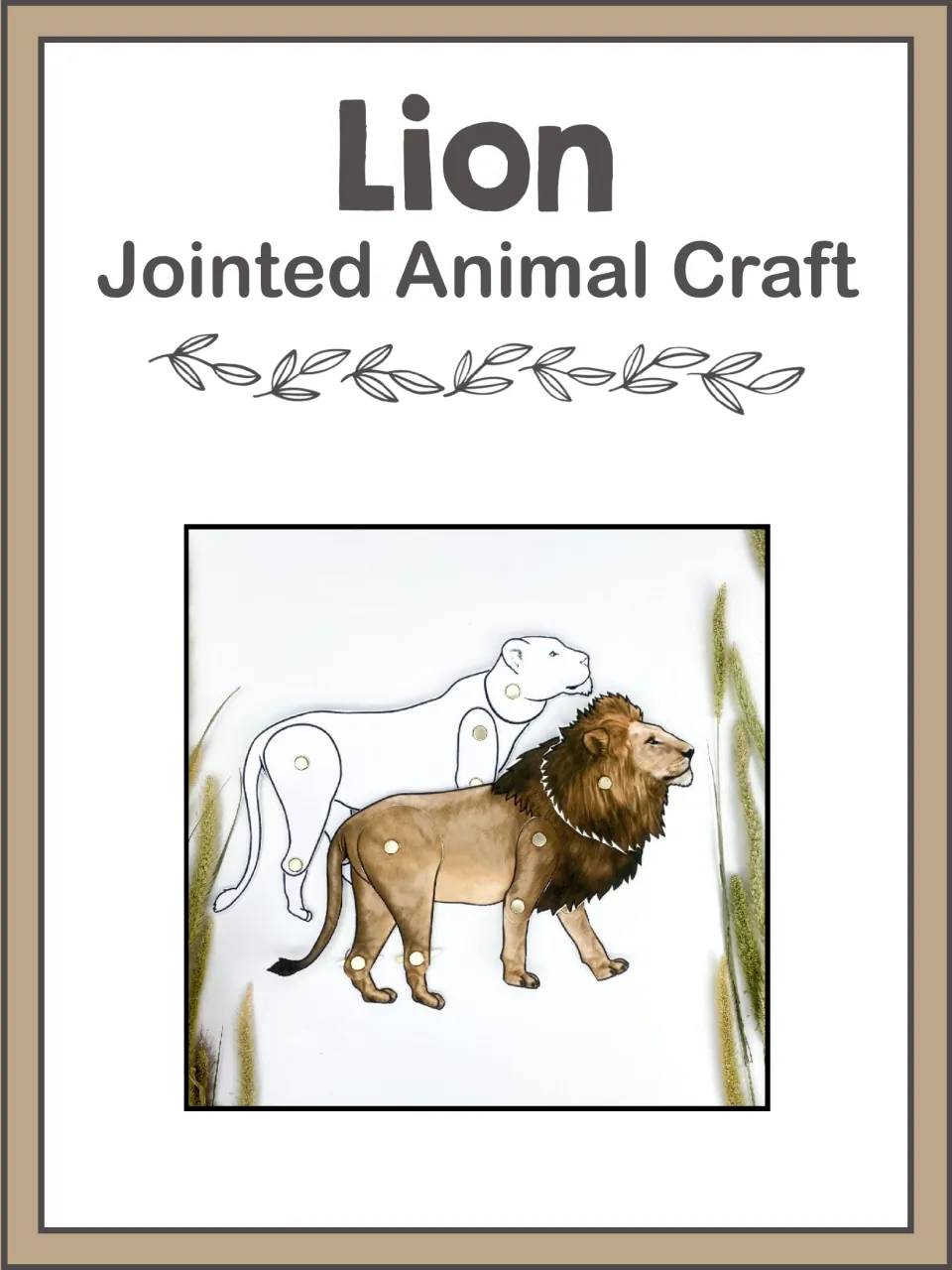 Lion jointed animal craft cover showing a colored male lion and a plain female lion built from brad-joined paper parts