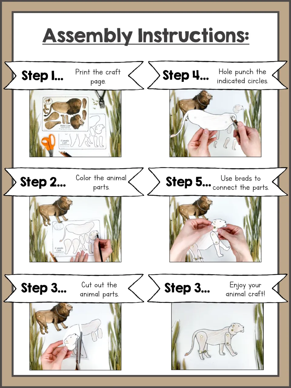 Assembly instructions in photo steps: print, color, cut out, hole punch, join with brads, then enjoy the paper lion
