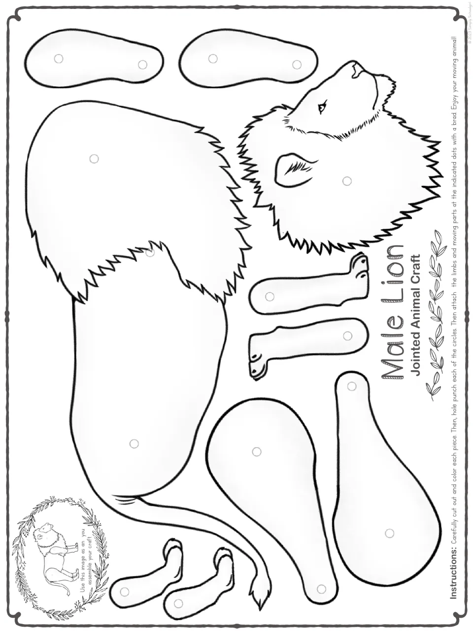 Male lion cut-out pieces in black-and-white outline for students to color, then cut out and punch at the marked circles