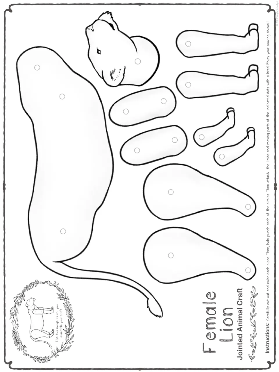Female lion cut-out pieces in black-and-white outline for students to color, cut out and hole punch at the circles