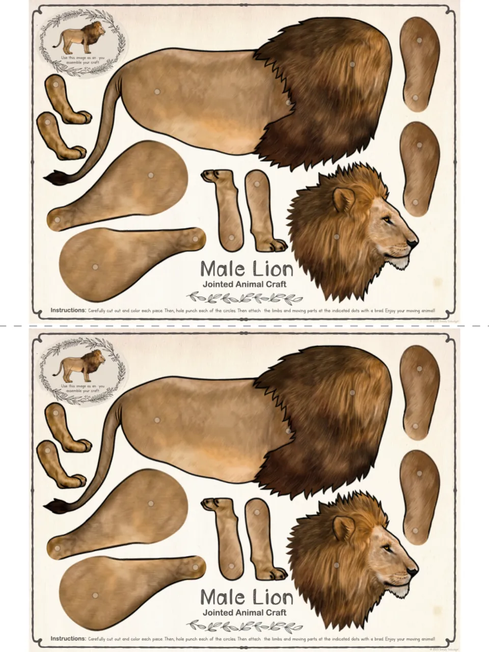 Two copies of the colored male lion cut-out pieces on one sheet, with a side-facing head and body