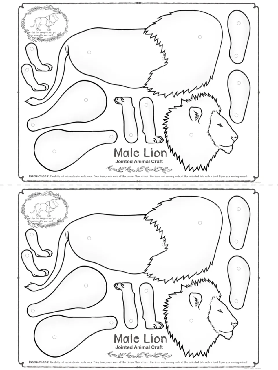 Two copies of the outlined male lion cut-out pieces on one sheet, ready for students to color and assemble