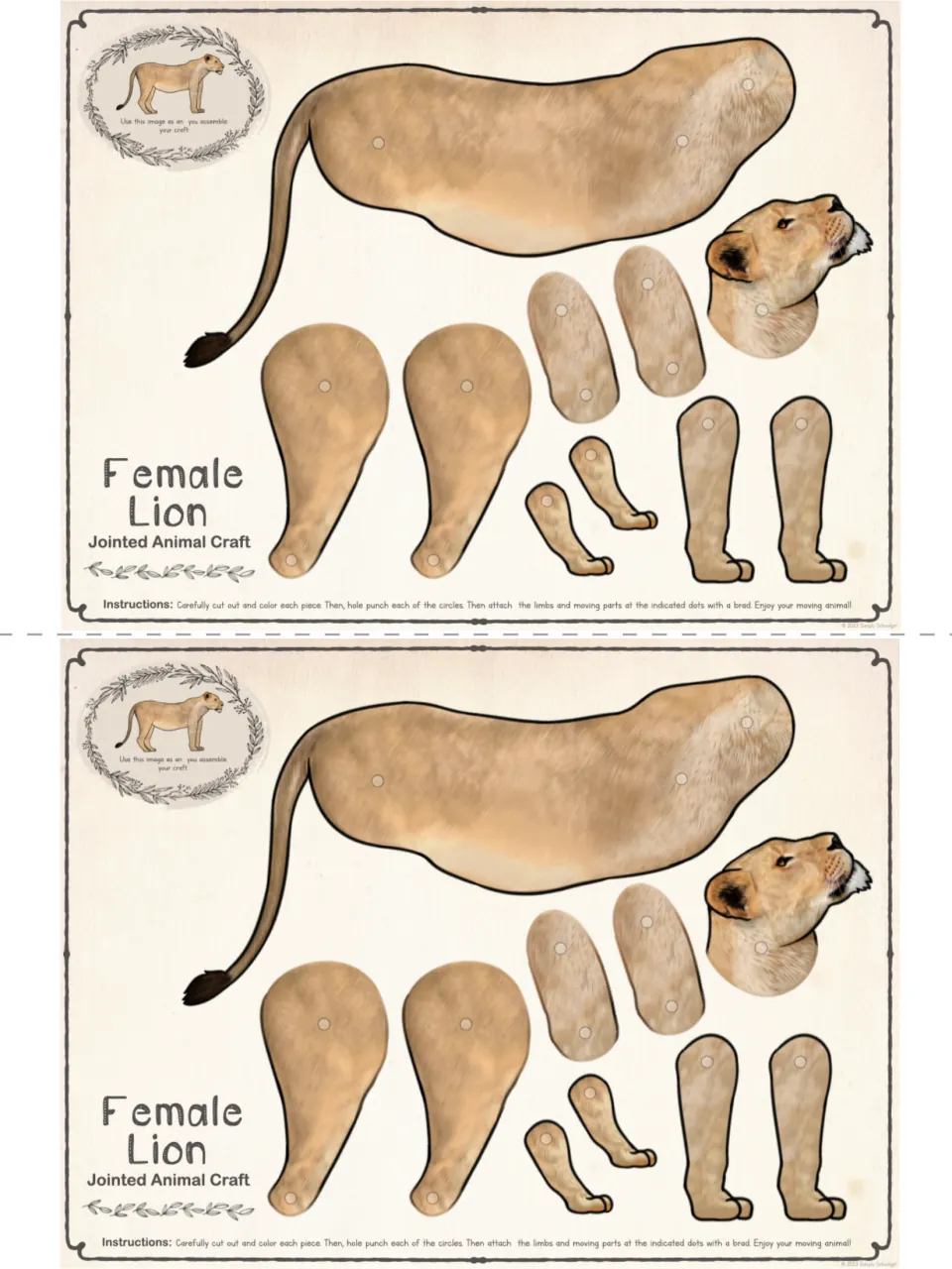 Two copies of the colored female lion cut-out pieces on one sheet, with head, body, tail and four leg parts