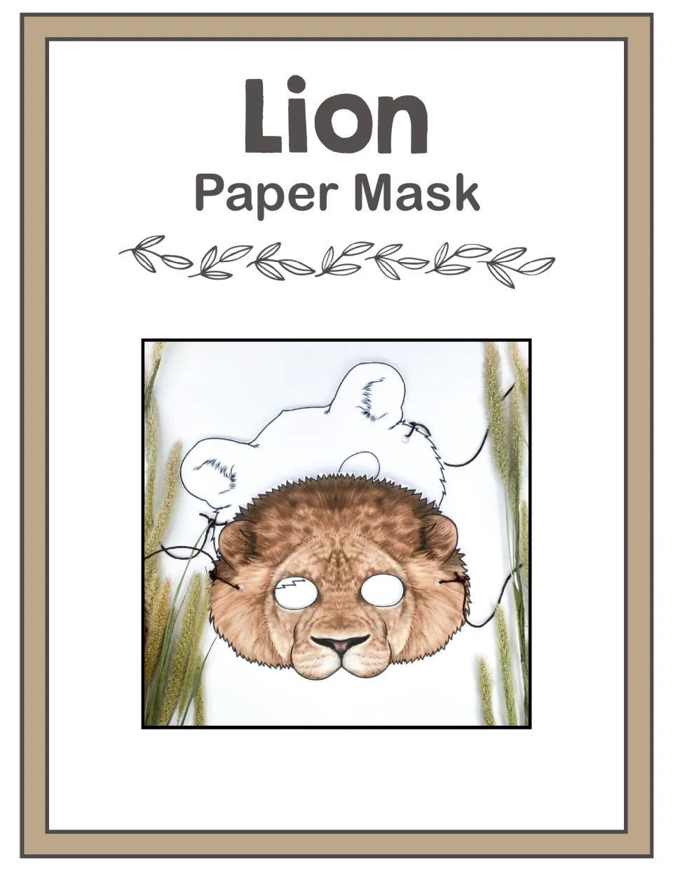 Lion Paper Mask cover: a photo of the finished full-color mask tied with string beside an uncolored cutout version