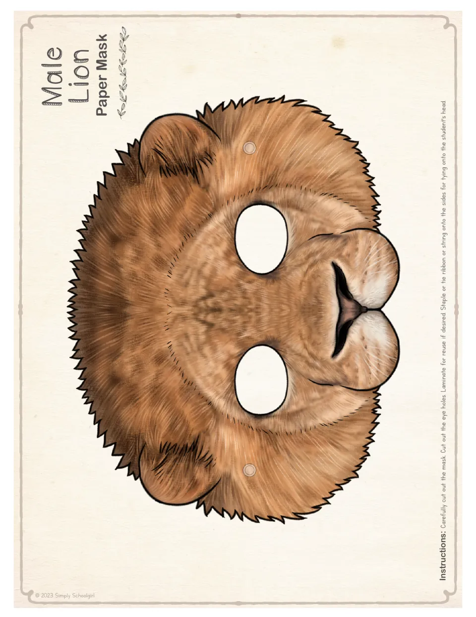 Male lion mask template in realistic color, with eye holes and punch dots marked for cutting out and tying on with string