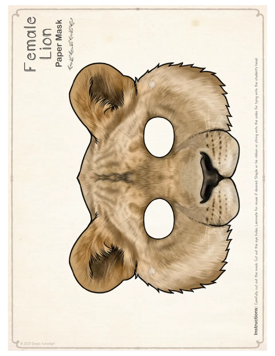 Female lion mask template in realistic color: a lioness face without a mane, ready to cut out along with its eye holes