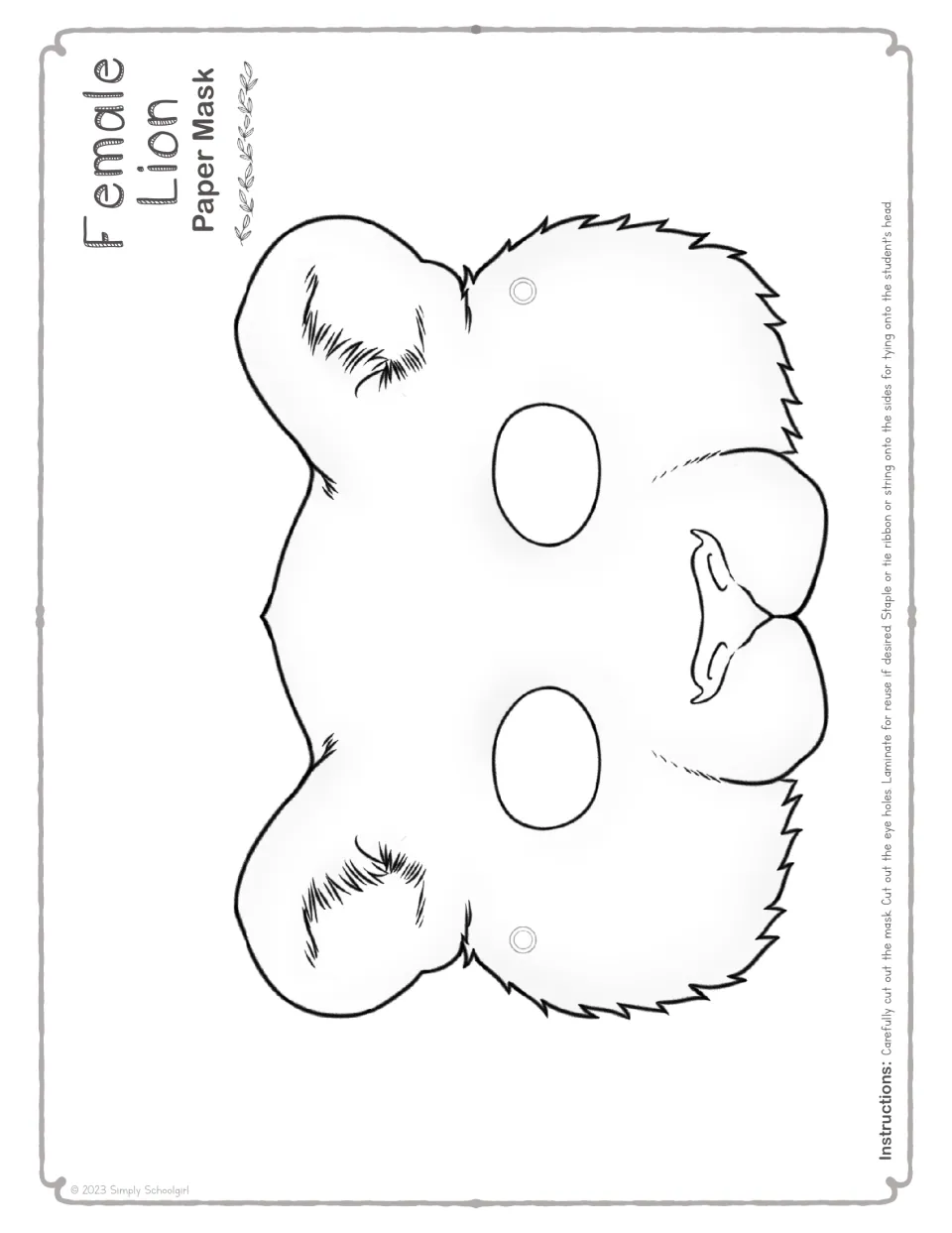 Female lion mask outline in black and white: a lioness face for students to color, then cut out and punch at the marked dots