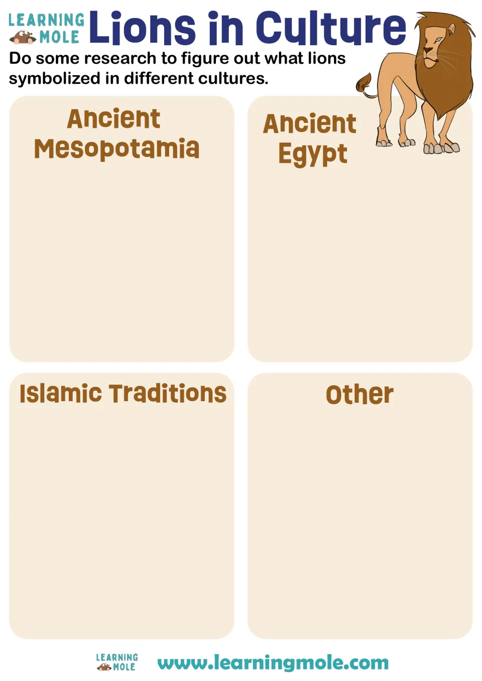 Lions in culture research: students find what lions symbolized in Ancient Mesopotamia, Ancient Egypt, Islamic traditions