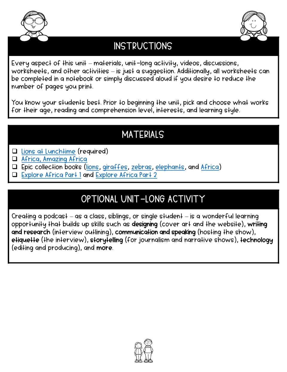 Unit instructions explain flexible worksheet use, list required and optional reading, and suggest a podcast