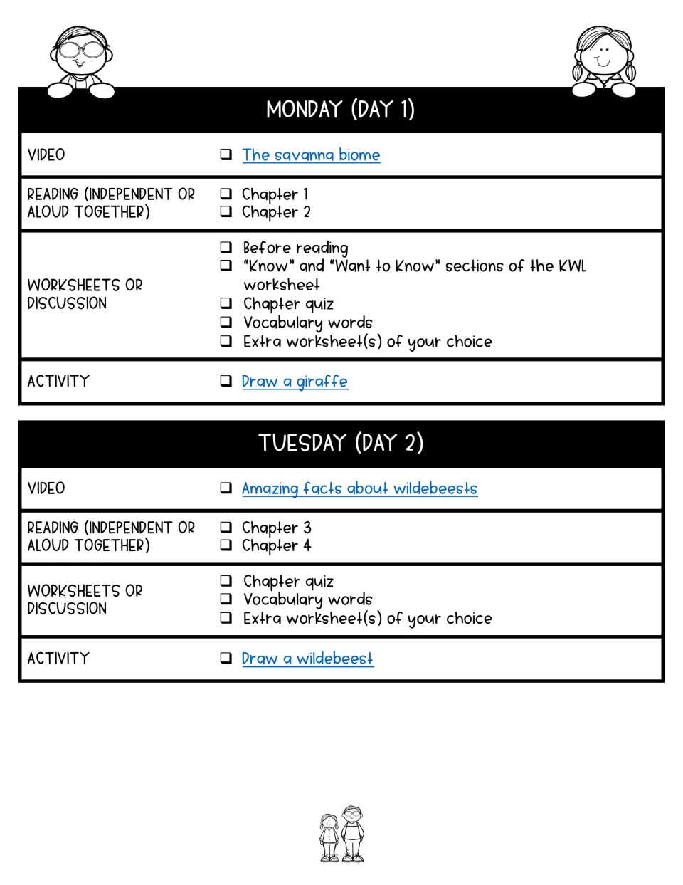 Days 1–2 lesson plans assign chapters 1–4, savanna and wildebeest videos, quizzes, and animal drawing