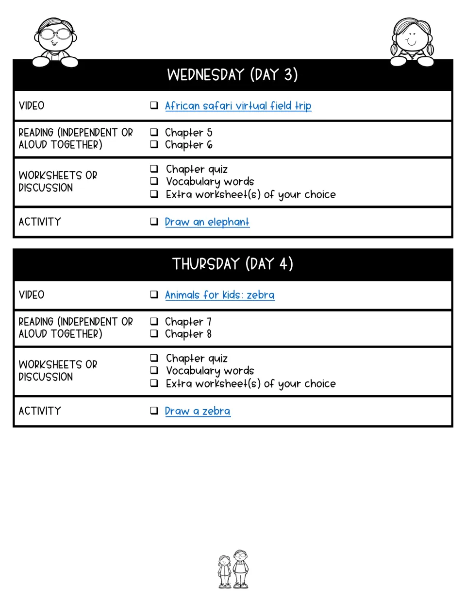 Days 3–4 lesson plans assign chapters 5–8, safari and zebra videos, quizzes, and elephant and zebra drawing
