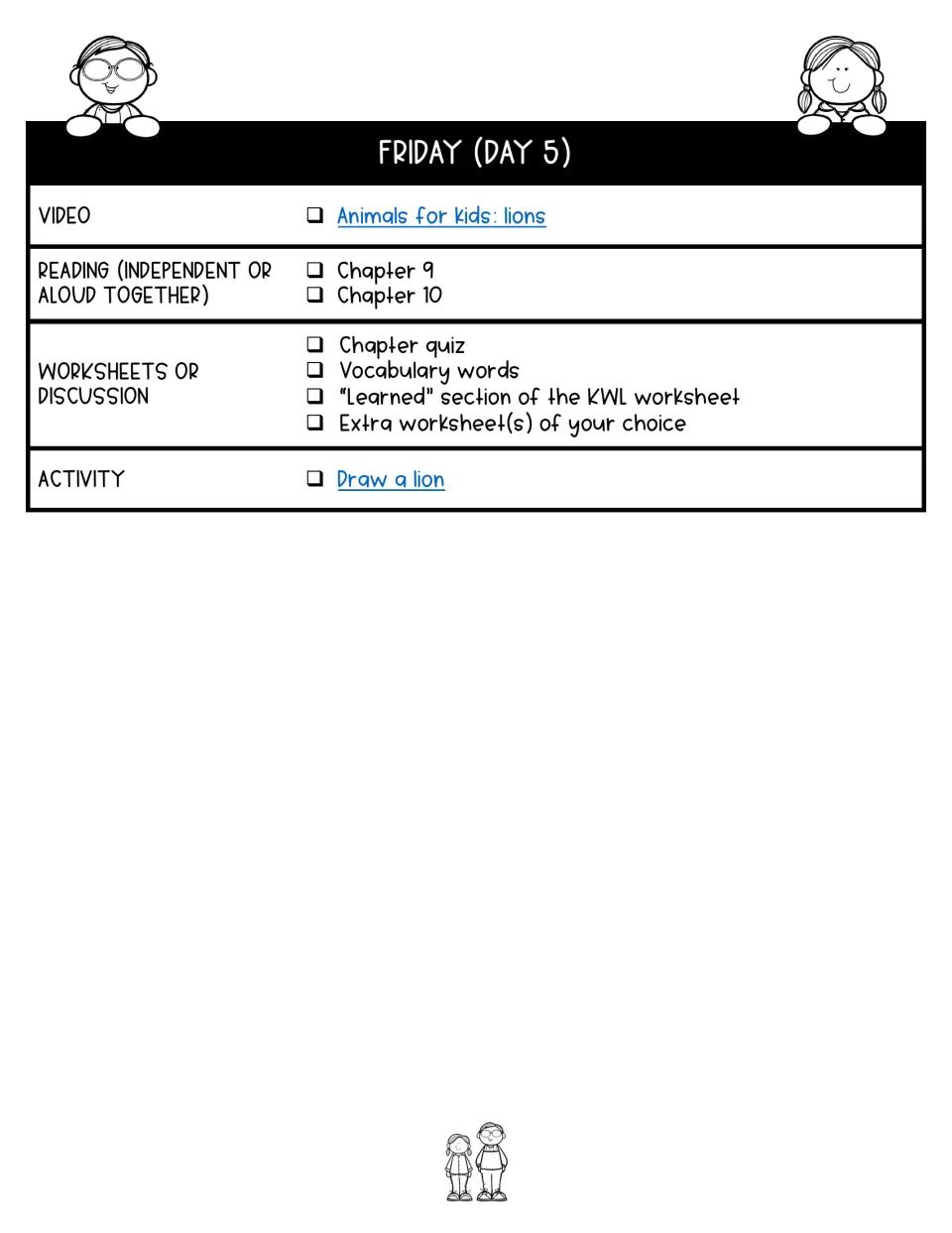 Day 5 lesson plan assigns chapters 9–10, a lion video, quiz, vocabulary, KWL reflection, and lion drawing