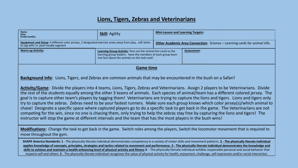 PE game lesson plan: agility practice with lion, tiger, zebra, and veterinarian roles, rules, and modifications