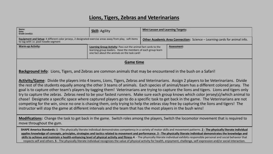 Grayscale PE game lesson plan covering agility, four animal and veterinarian teams, tagging rules, and setup