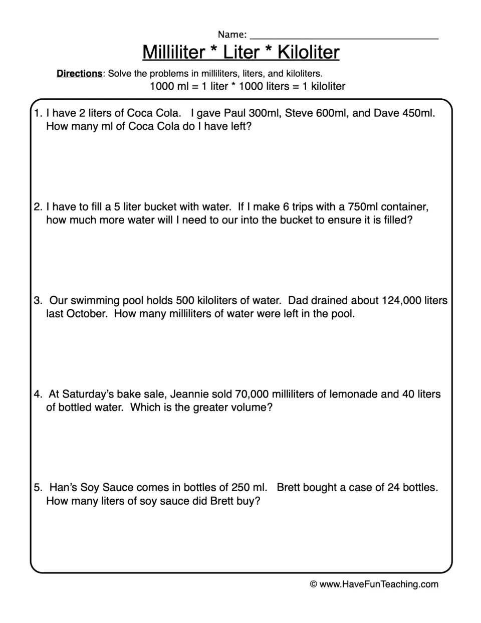 Milliliter, liter, kiloliter: students solve 5 word problems converting units of liquid volume, like a pool or soda