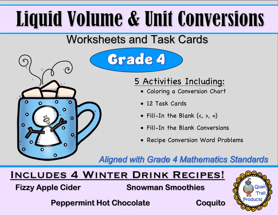 Liquid volume packet cover for grade 4, listing five activities, 12 task cards, and four winter drink recipes