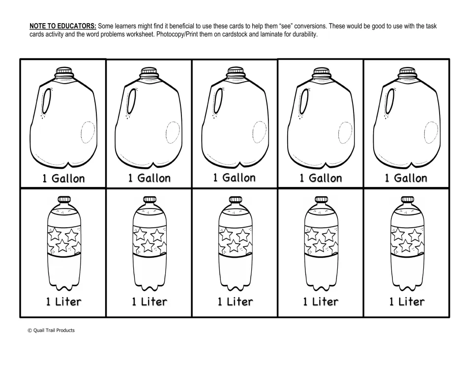 Liquid volume cutout visual aids: five gallon jug cards and five liter bottle cards labeled with one unit each