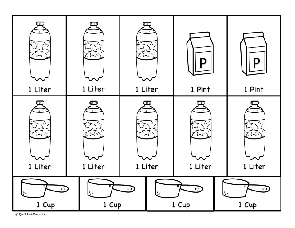 Liquid volume cutout visual aids: eight liter bottle cards, two pint carton cards, and four measuring cup cards