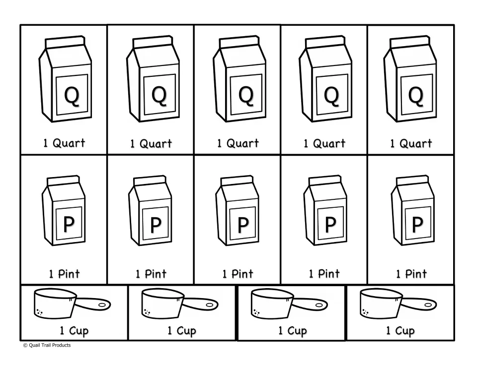 Liquid volume cutout visual aids: five quart carton cards, five pint carton cards, and four measuring cup cards