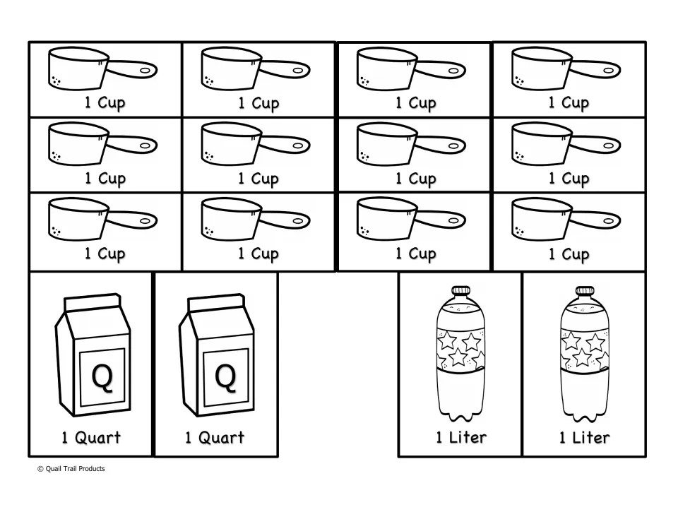 Liquid volume cutout visual aids: 12 measuring cup cards, two quart carton cards, and two liter bottle cards