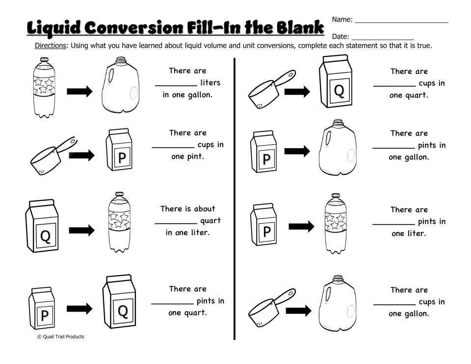 Liquid conversion fill-in-the-blank practice asks eight questions about cups, pints, quarts, liters, and gallons