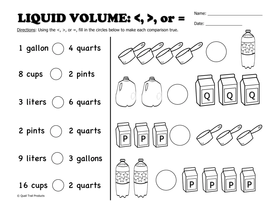 Liquid volume comparison practice uses <, >, or = for six written pairs and four pictured container groups