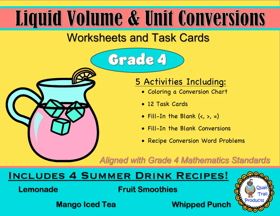 Grade 4 liquid volume cover: chart coloring, 12 task cards, <, >, = and conversion fill-ins, recipe word problems