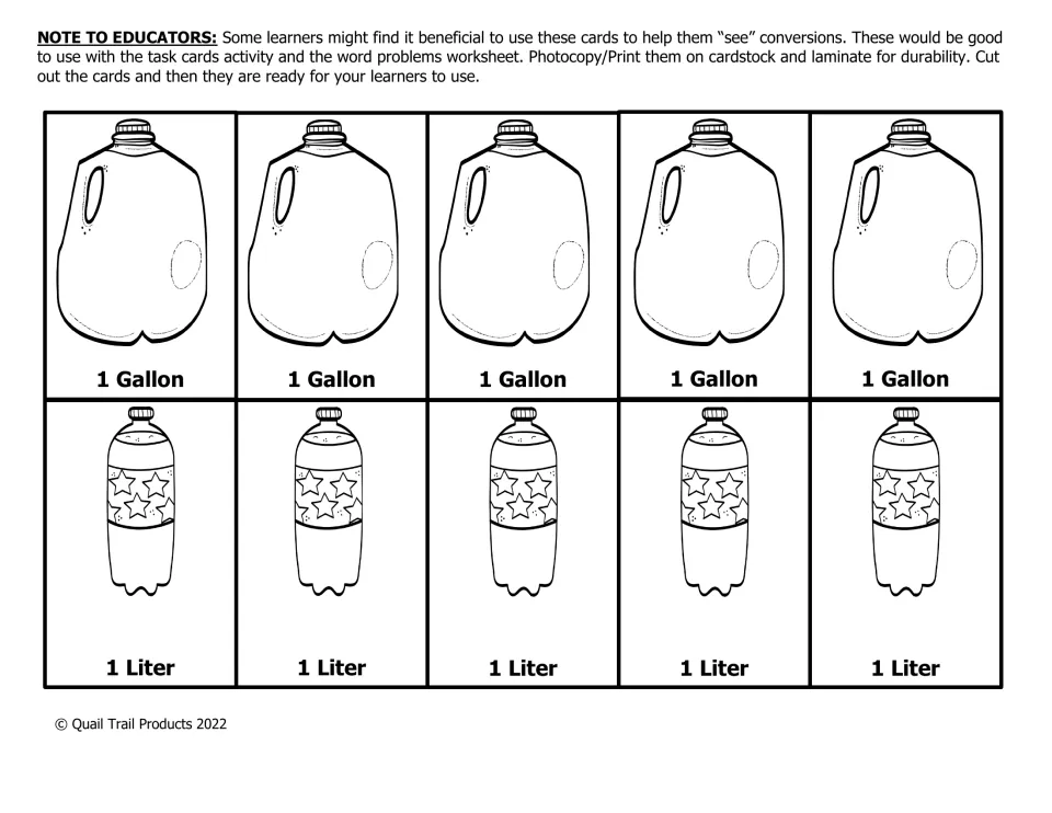 Visual conversion cards to cut out: five 1 gallon jug cards and five 1 liter bottle cards, with a note to educators