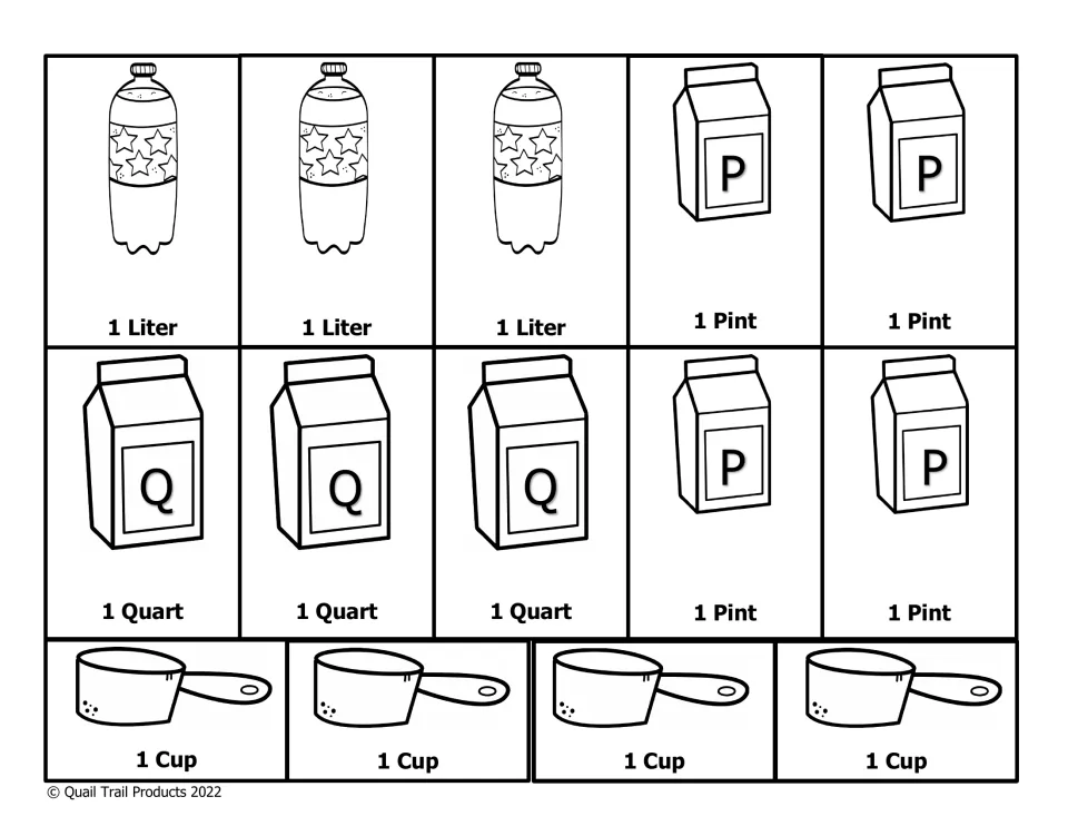 More conversion cards to cut out: 1 liter bottles, 1 quart and 1 pint cartons, and 1 cup measuring cups