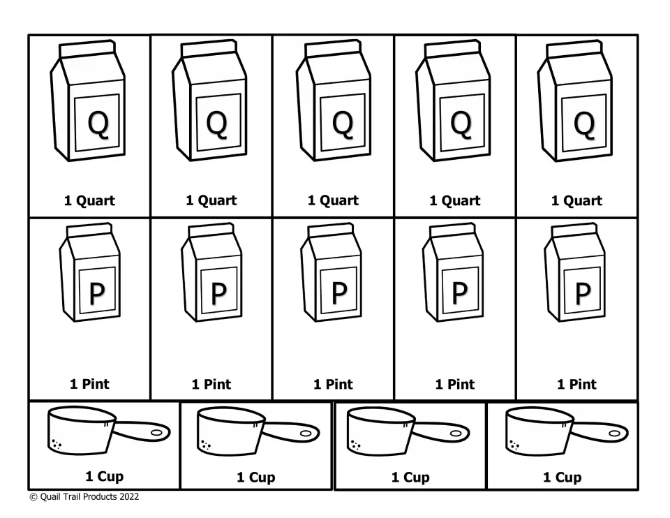 Conversion cards to cut out: five 1 quart cartons, five 1 pint cartons and four 1 cup measuring cups for modeling